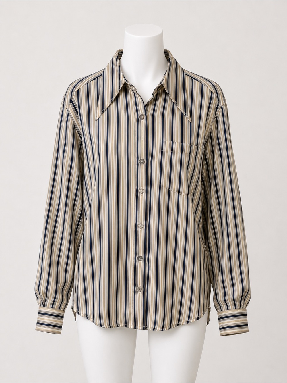 Evan-Picone  100% SILK Navy & Cream Striped Silk Button-Down